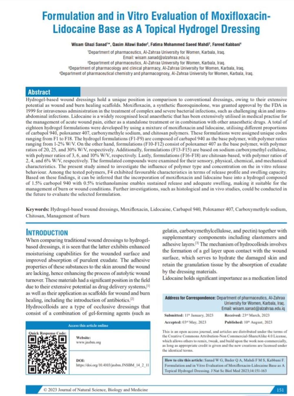 Asst. Lect. Fareed Mohammed Fawaz Qabbani, published research in the Journal of Natural Science, Biology and Medicine (indexed in Scopus)