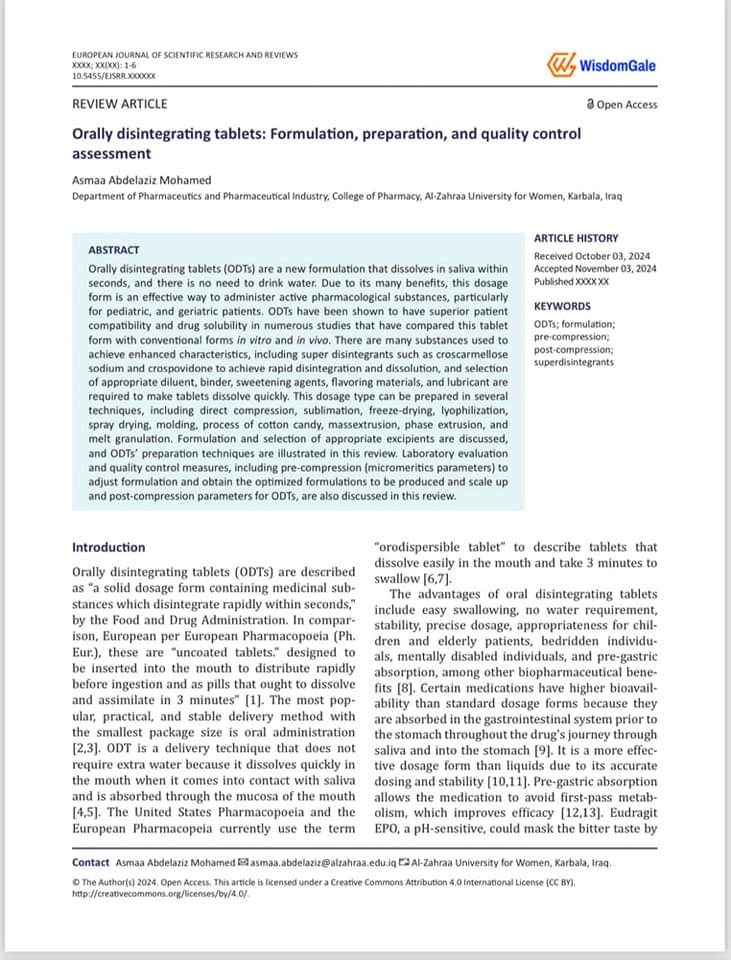 Tutor at Pharmacy Faculty, Al-Zahraa University, Publishes Research in an International Journal