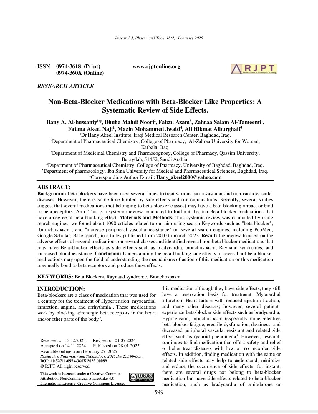 Faculty Member at Al-Zahraa University Publishes Research on Beta-Blocking Effects of Non-Beta Blocker Drugs
