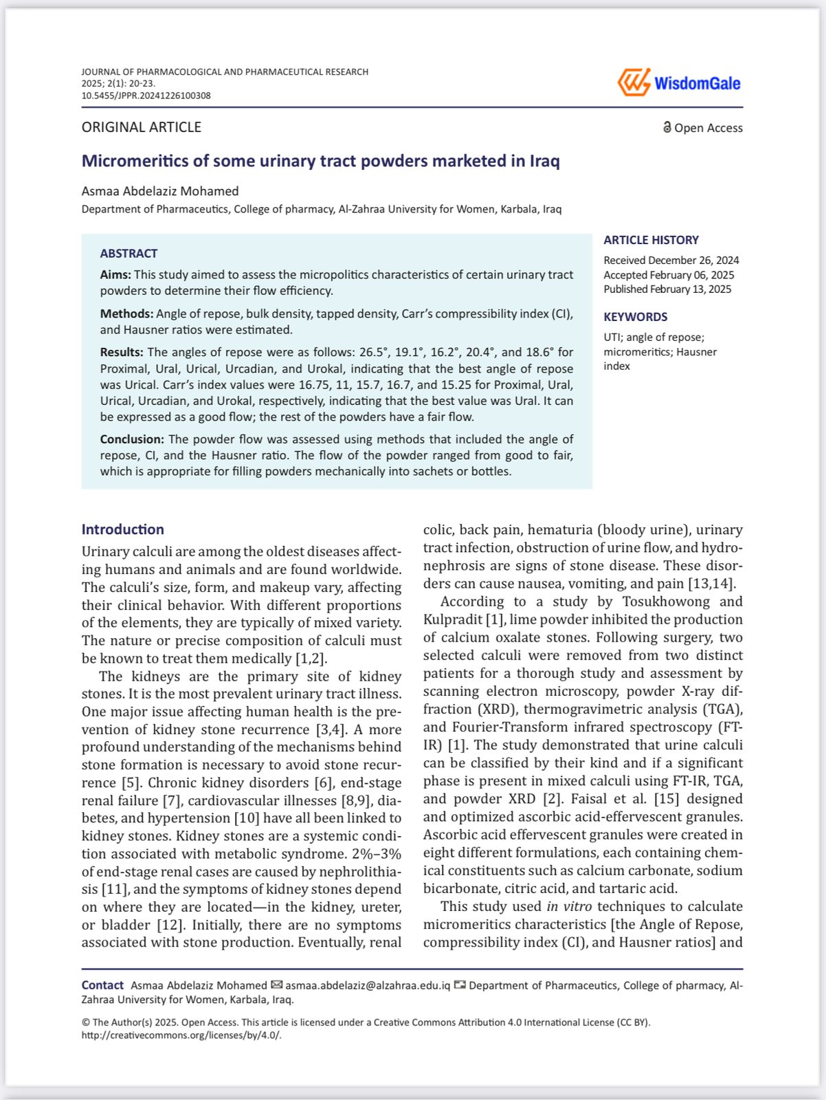 Al-Zahraa University Faculty Member Publishes Study on Flow Properties of Urinary Tract Powders
