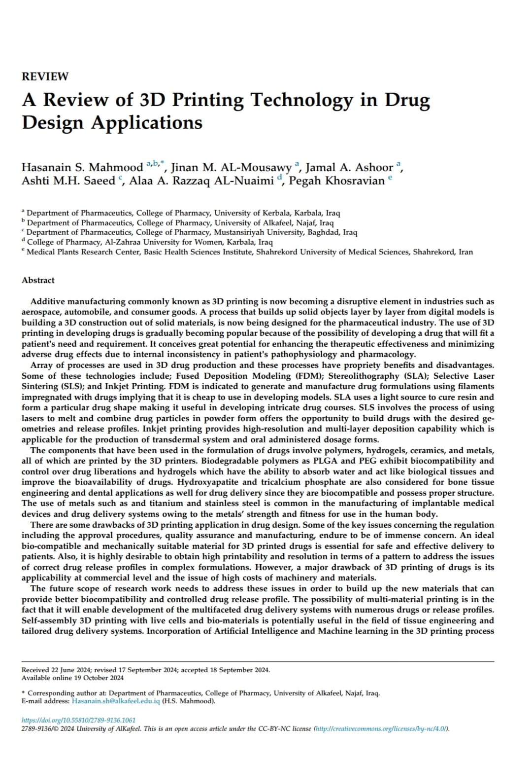 Pharmacy Faculty Researcher at Al-Zahraa University Publishes Study on 3D Printing in Drug Design