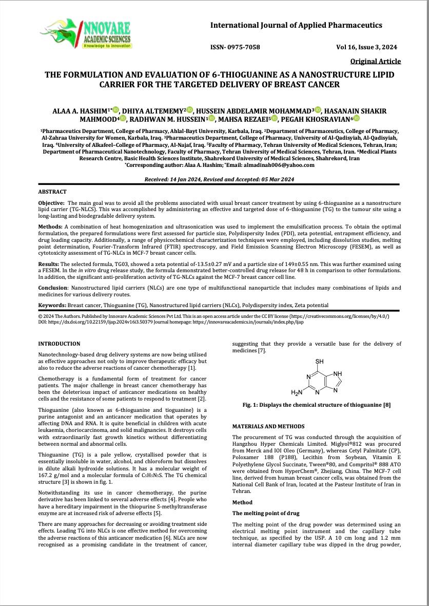 Al-Zahraa University Researcher Publishes Study on Nano-Based Breast Cancer Treatment